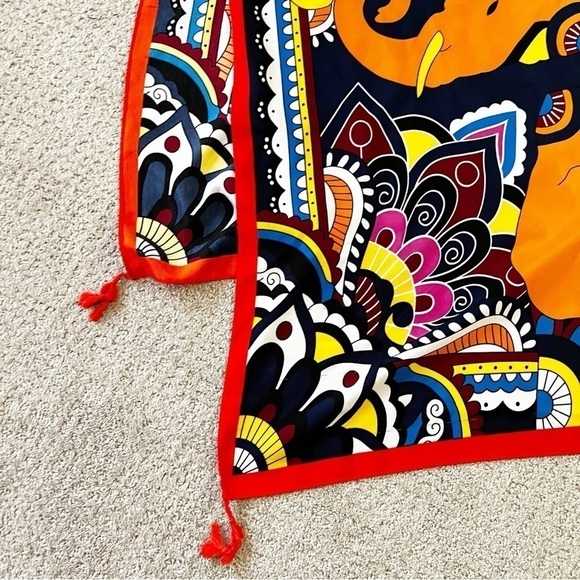 Batik Elephant Shawl Orange Pashmina Mod Colorful Indian Boho Festival Light - Picture 2 of 10